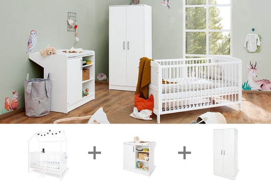 Kinderzimmer 'Hilda &Viktoria', weiß3-teilig: Stubenbett, Wickelkommode, 2-türiger Kleiderschrank