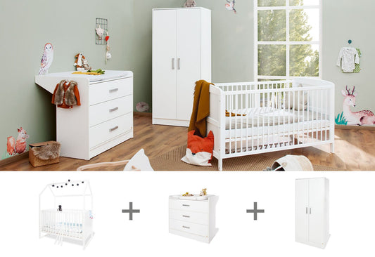Kinderzimmer 'Hilda &Viktoria' breit, weiß3-teilig: Stubenbett, breite Wickelkommode, 2-türiger Kleiderschrank