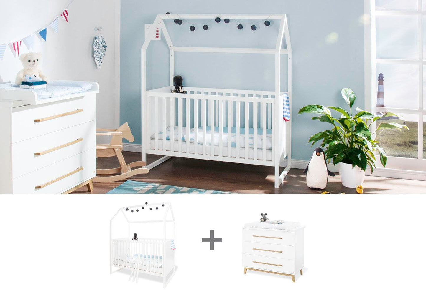 Starter-Set 'Hilda & Riva' breit, weiß
2-teilig: Hausbett, breite Wickelkommode