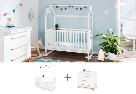 Starter-Set 'Hilda & Riva' breit, weiß
2-teilig: Hausbett, breite Wickelkommode