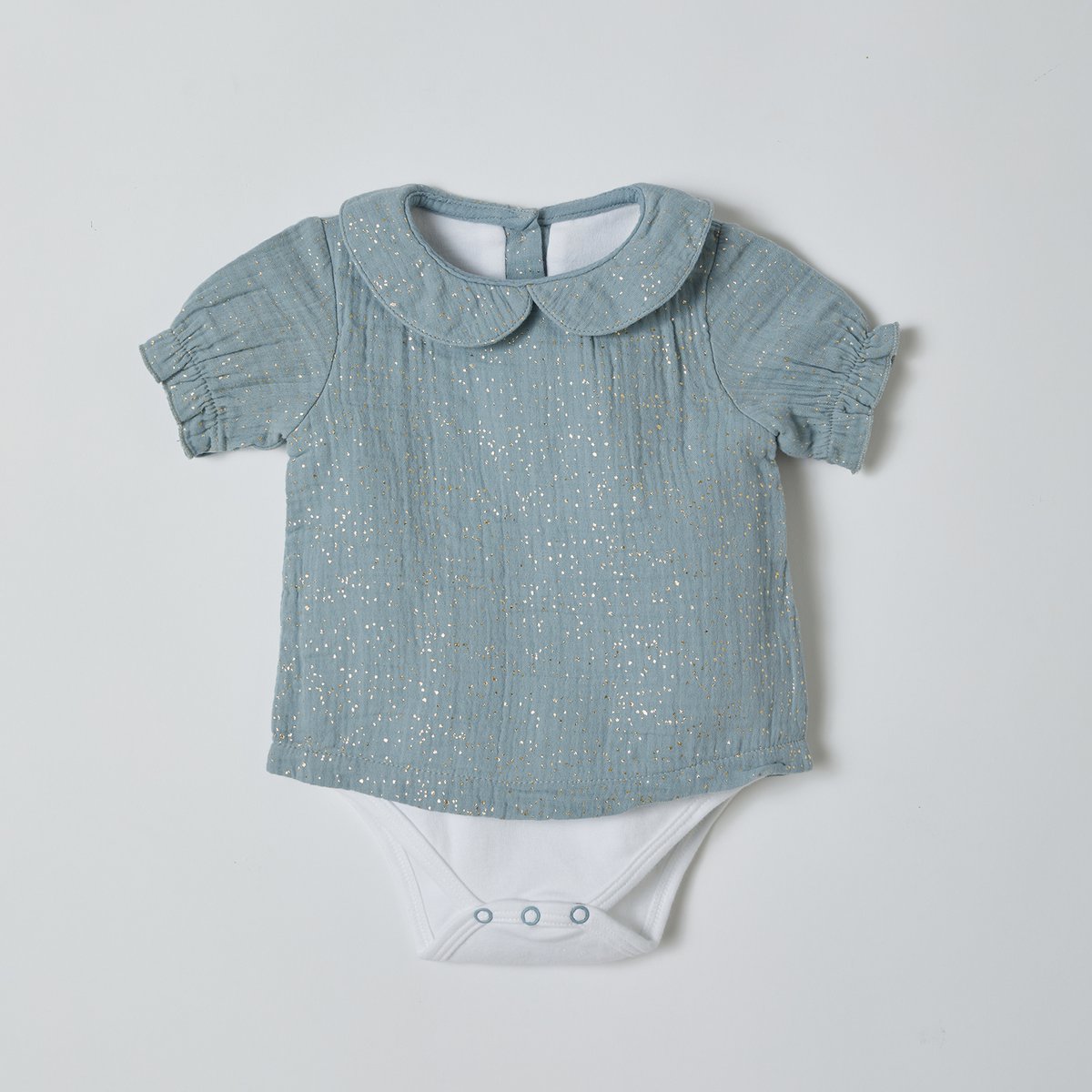 OrganicEra Bio-Musselin Bubikragen Shirt Body, Aqua & Glitter