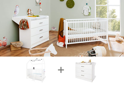 Starterset 'Hilda &Viktoria' breit, weiß2-teilig: Hausbett, breite Wickelkommode