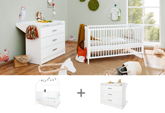 Starterset 'Hilda &Viktoria' breit, weiß2-teilig: Hausbett, breite Wickelkommode