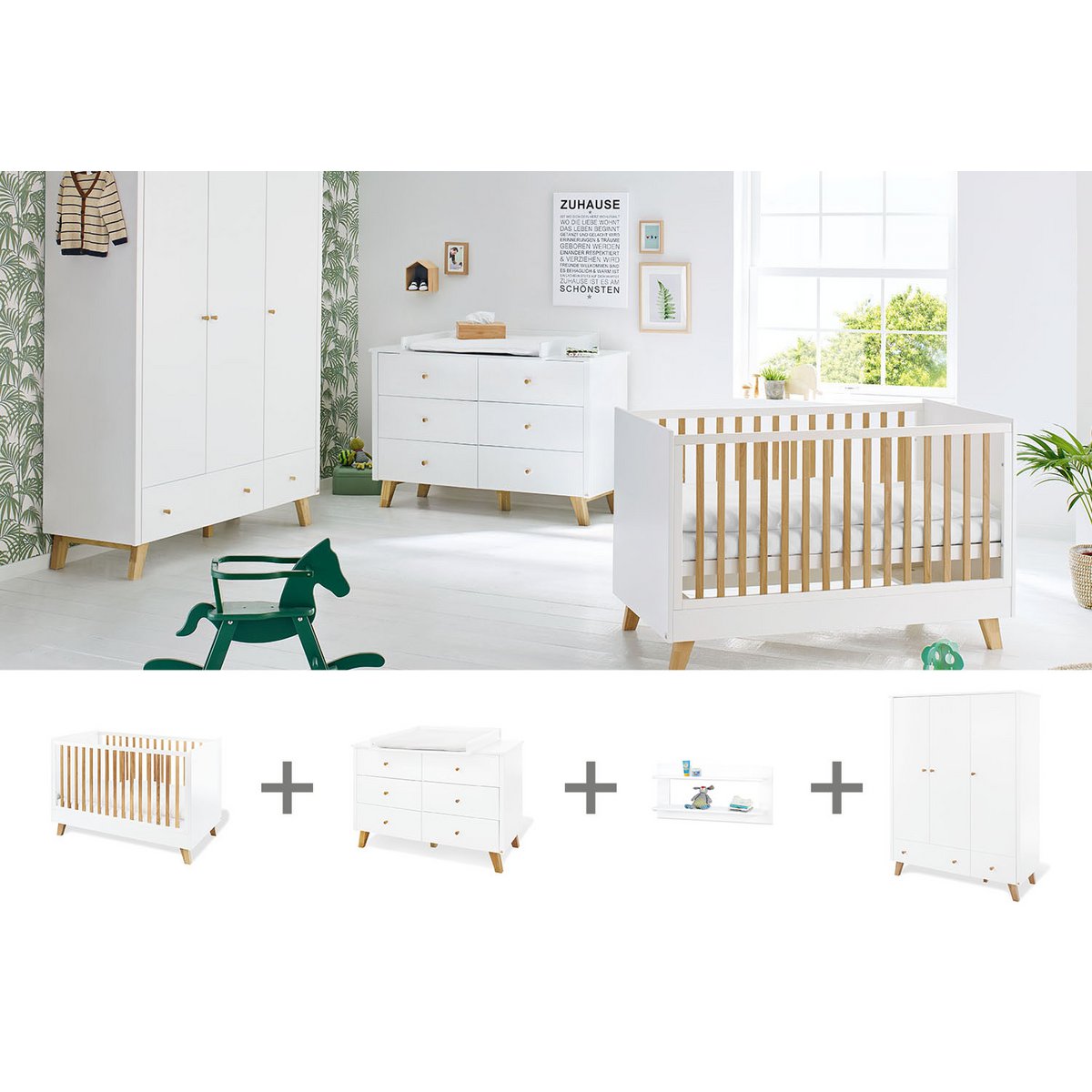Kinderzimmer 'Pan' extra breit groß, inkl. Wandregal4-teilig: Kinderbett, extra breite Wickelkommode, großer Kleiderschrank, Wandregal