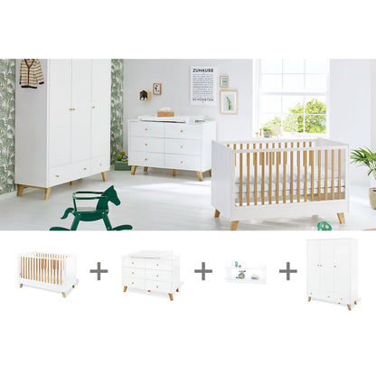 Kinderzimmer 'Pan' extra breit groß, inkl. Wandregal4-teilig: Kinderbett, extra breite Wickelkommode, großer Kleiderschrank, Wandregal