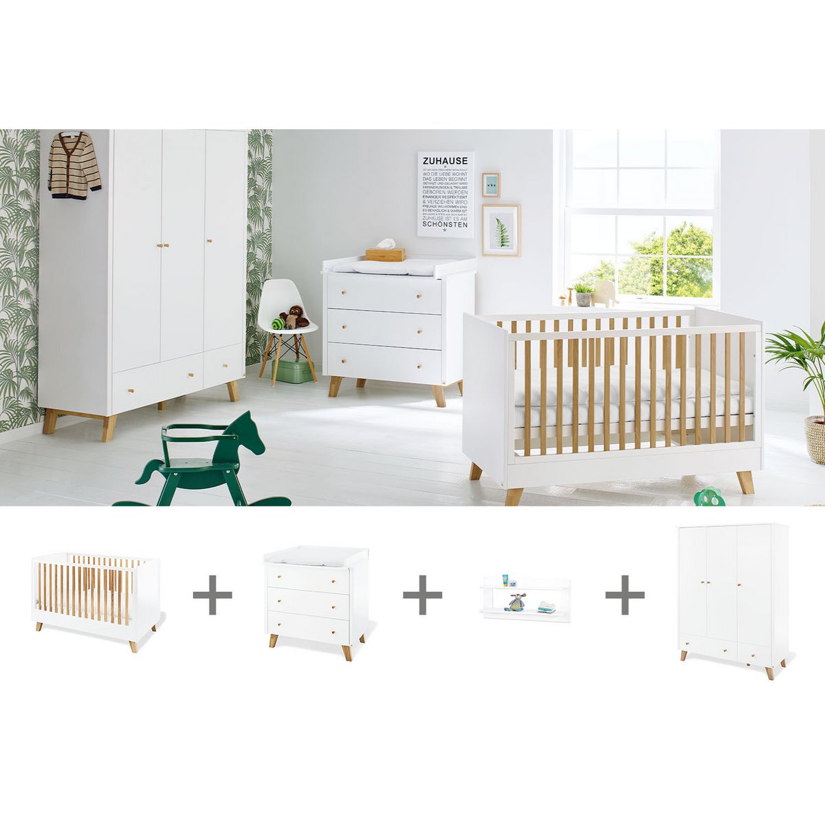 Kinderzimmer 'Pan' breit groß, inkl. Wandregal4-teilig: Kinderbett, breite Wickelkommode, großer Kleiderschrank, Wandregal