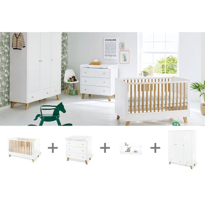 Kinderzimmer 'Pan' breit groß, inkl. Wandregal4-teilig: Kinderbett, breite Wickelkommode, großer Kleiderschrank, Wandregal
